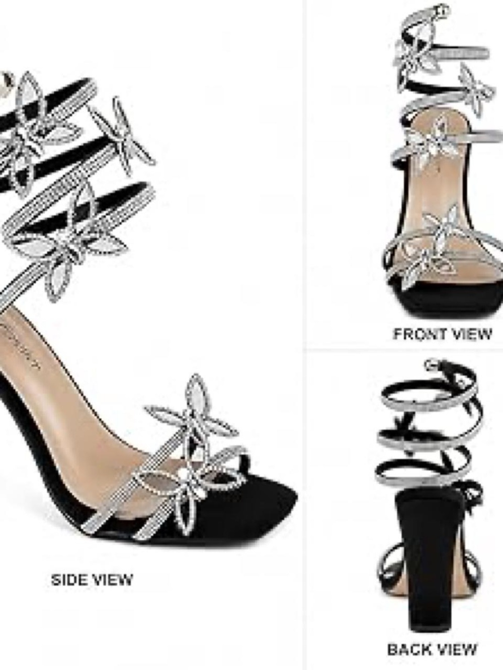 Women's Black Strappy Floral Crystal High-Heel Sandals